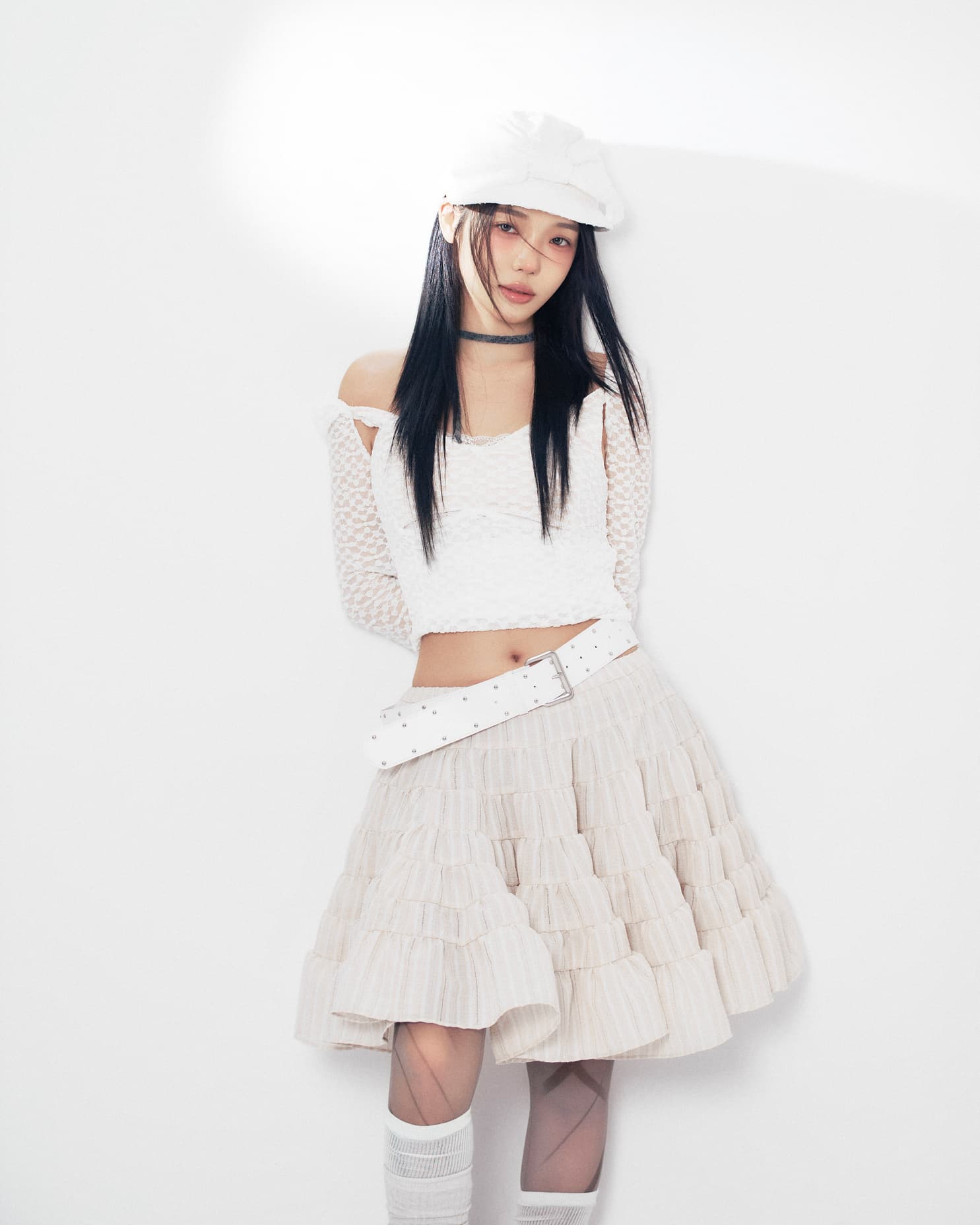 Roh Ji Sun in white beret with cream skirt, full body editorial portrait